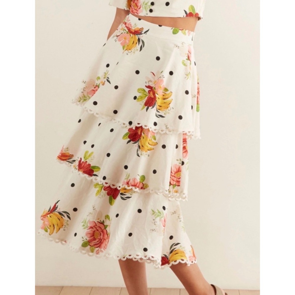 Farm Rio Nanaju Tired Scalloped Lace Trim Skirt - Small